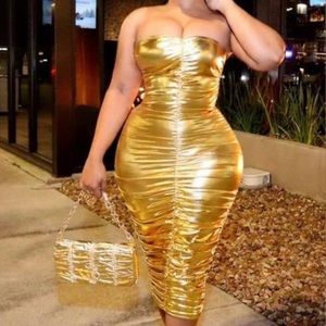 Touch Dolls, Metallic Gold, Strapless, Midi, Party Dress.